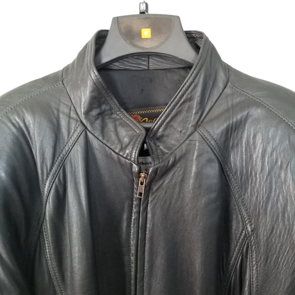 Reed Sportswear Mens Leather Coat Bomber Biker Jacket Black Zip Up Lined Vintage - Picture 1 of 9